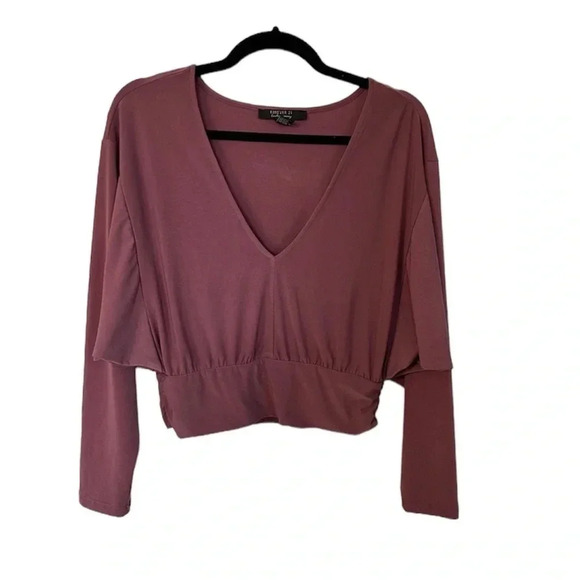 Forever 21 Contemporary Long Dolman Sleeve Maroon V-Neck Cropped Top Size L GUC - Picture 1 of 8
